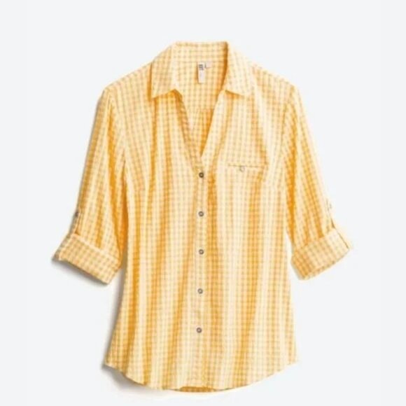 Kut from the Kloth Button Feena Top Women Large Yellow Textured Gingham V-Neck - Picture 1 of 10